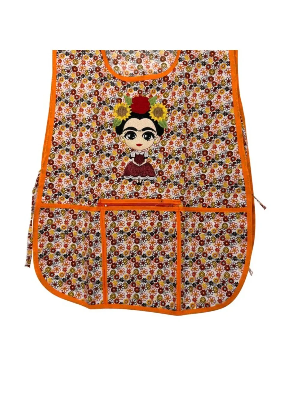Women Apron Frida-Inspired Floral Front Pockets Orange Trim One Size